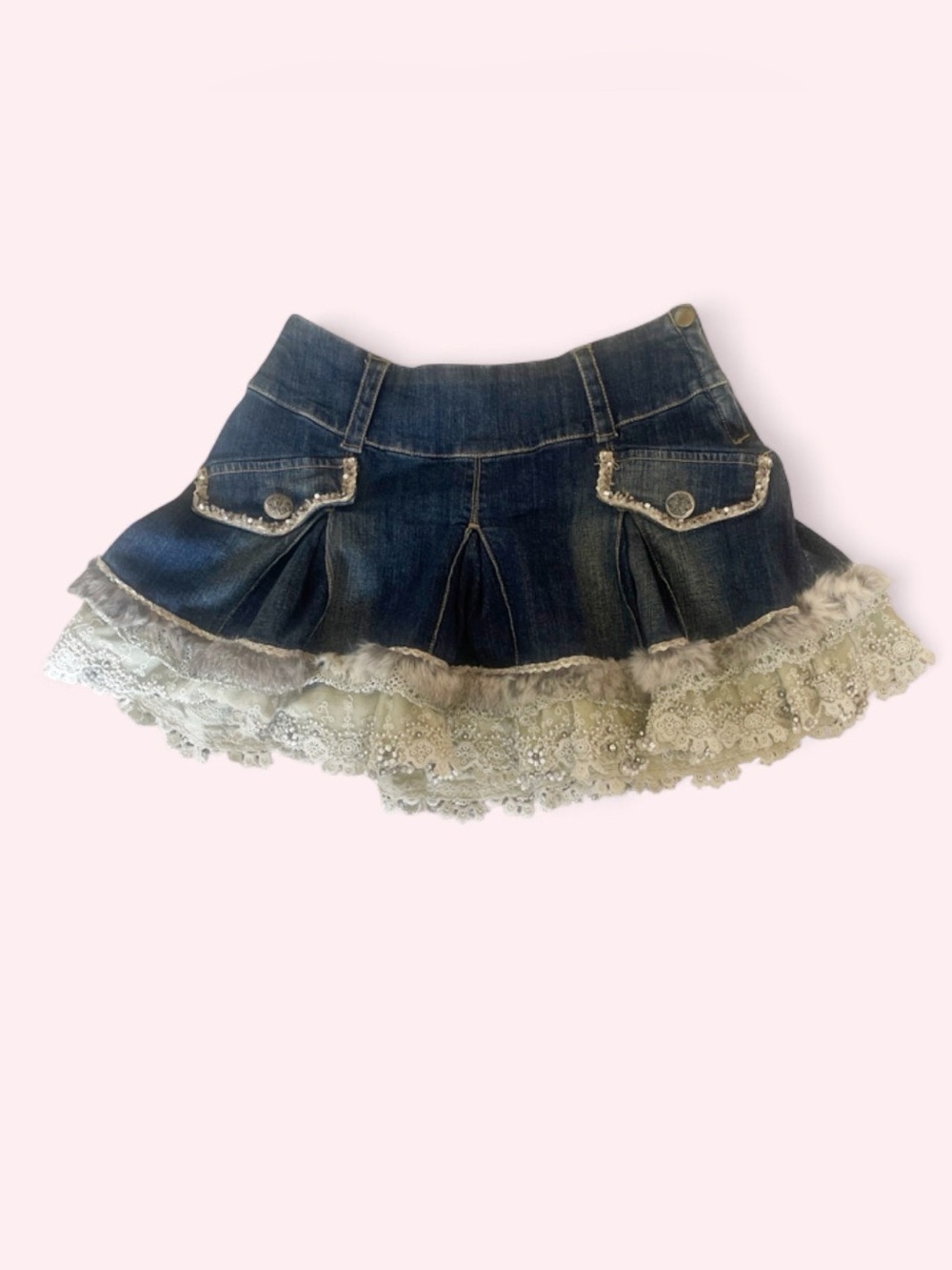 Y2K Beaded Denim Mini Skirt Fur Lace Trim   Vintage Nostalgia- Size Small